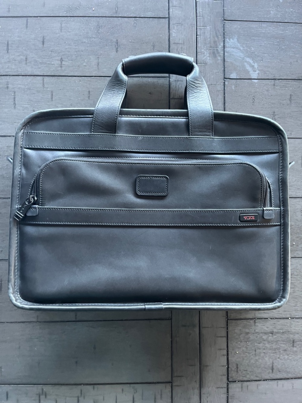 Tumi Black Leather Briefcase with Front Zip Pocket